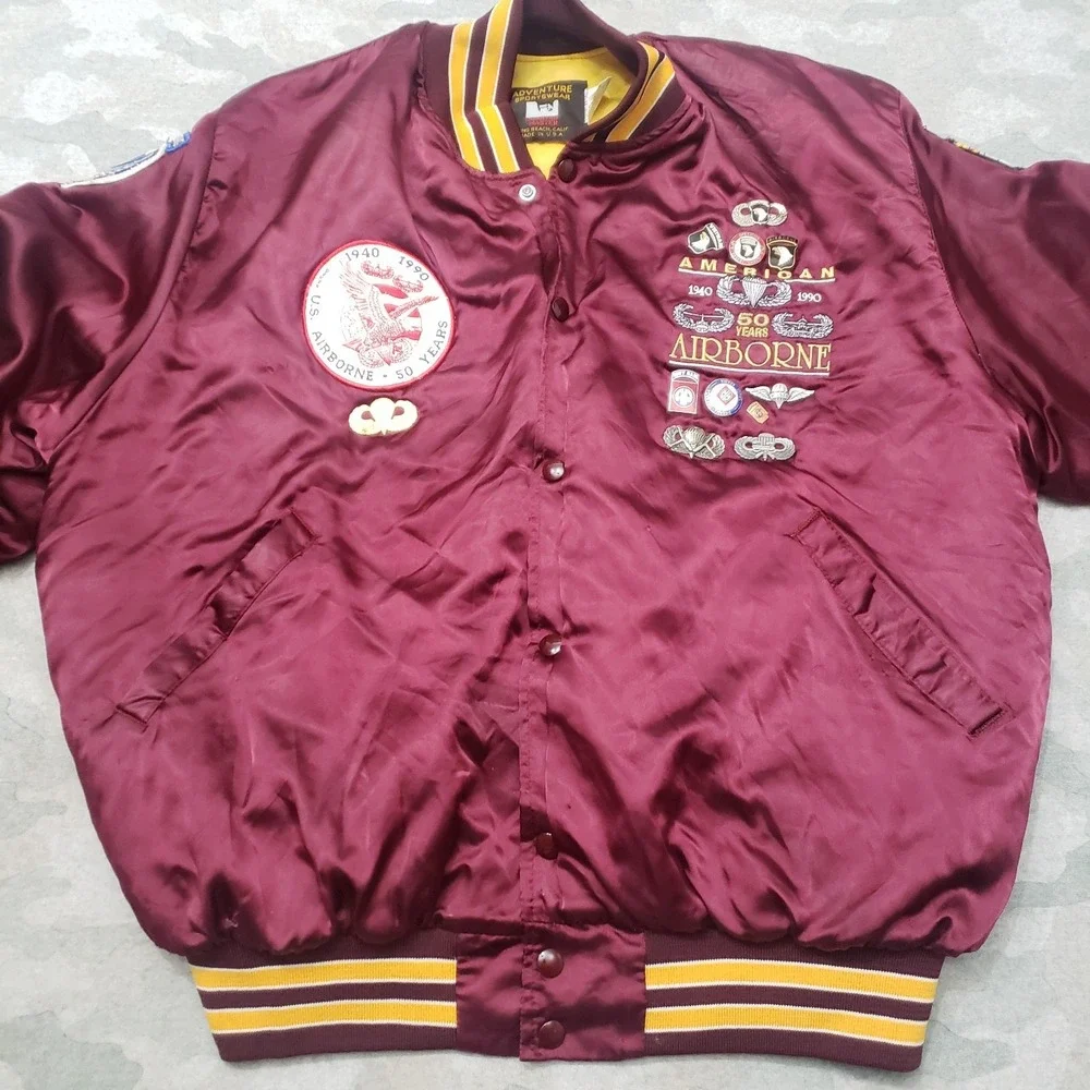 VTG Airborne American Satin Jacket Mens Large Red Snap Up Bomber Quarter Master